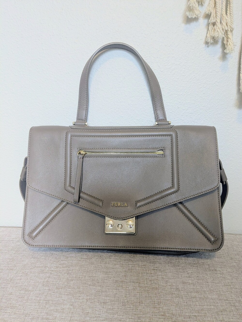 Furla Taupe Genuine Leather Alice Shoulder Bag